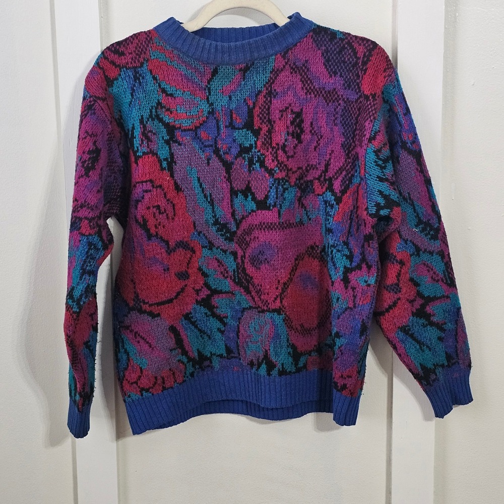 Vintage Essentials Abstract Floral Knit Sweater Blue Magenta Purple Size S